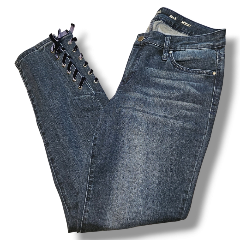 CROWN & IVY JEANS Skinny Dark Strecth Denim Velvet Lace Ankle size 8